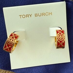 Tory Burch Red Enamel and Gold Plated Hoop Earrings